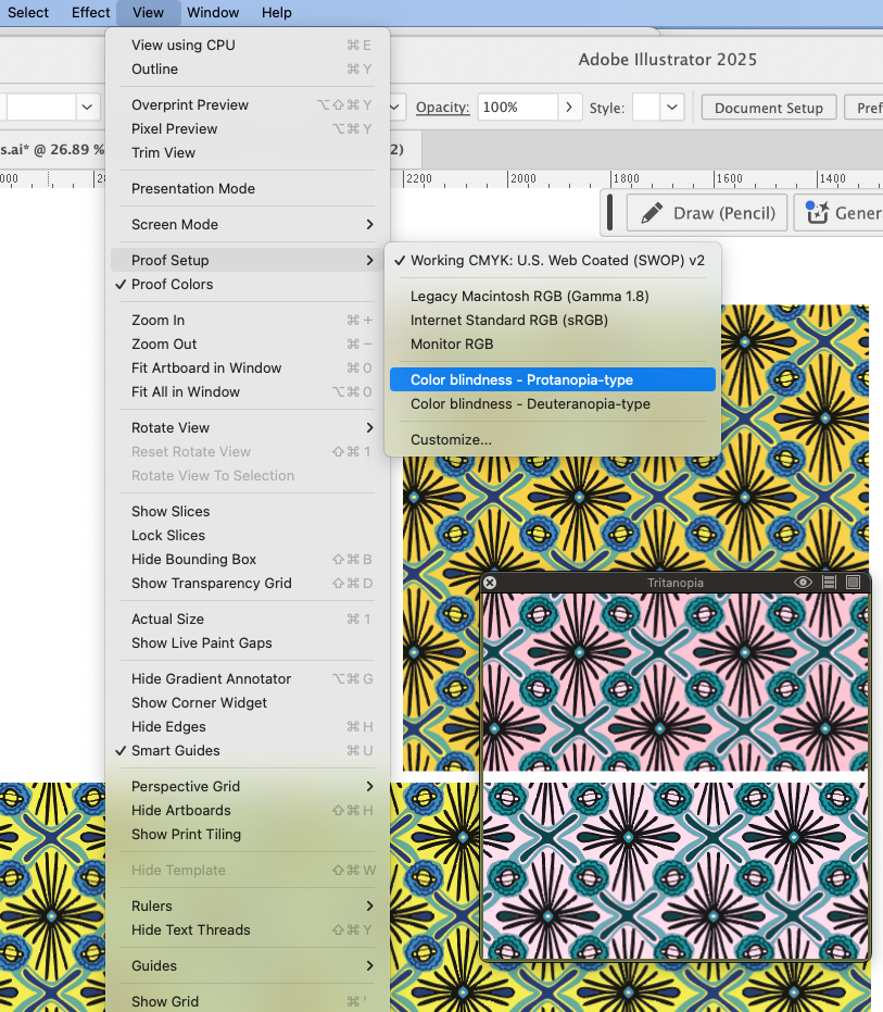 screenshot of an adobe illustrator file, showing the user interface. open menus point to the color blindness protanopia simulator. also an overlay labelled Tritanopia is showing that a yellow pattern has turned pink.